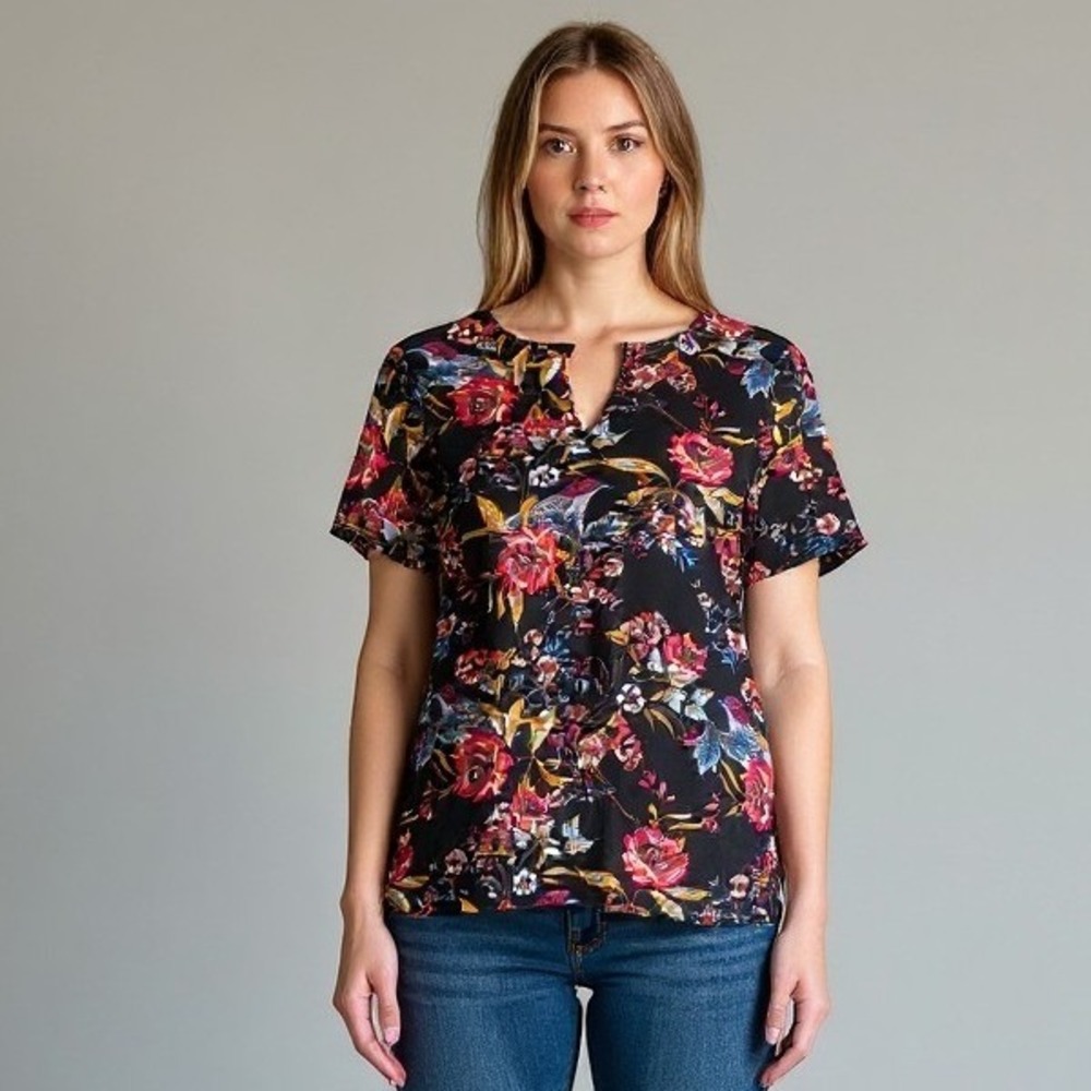DR2 Blouse Black M Womens Floral Bird Print Short Sleeve Keyhole Back Top